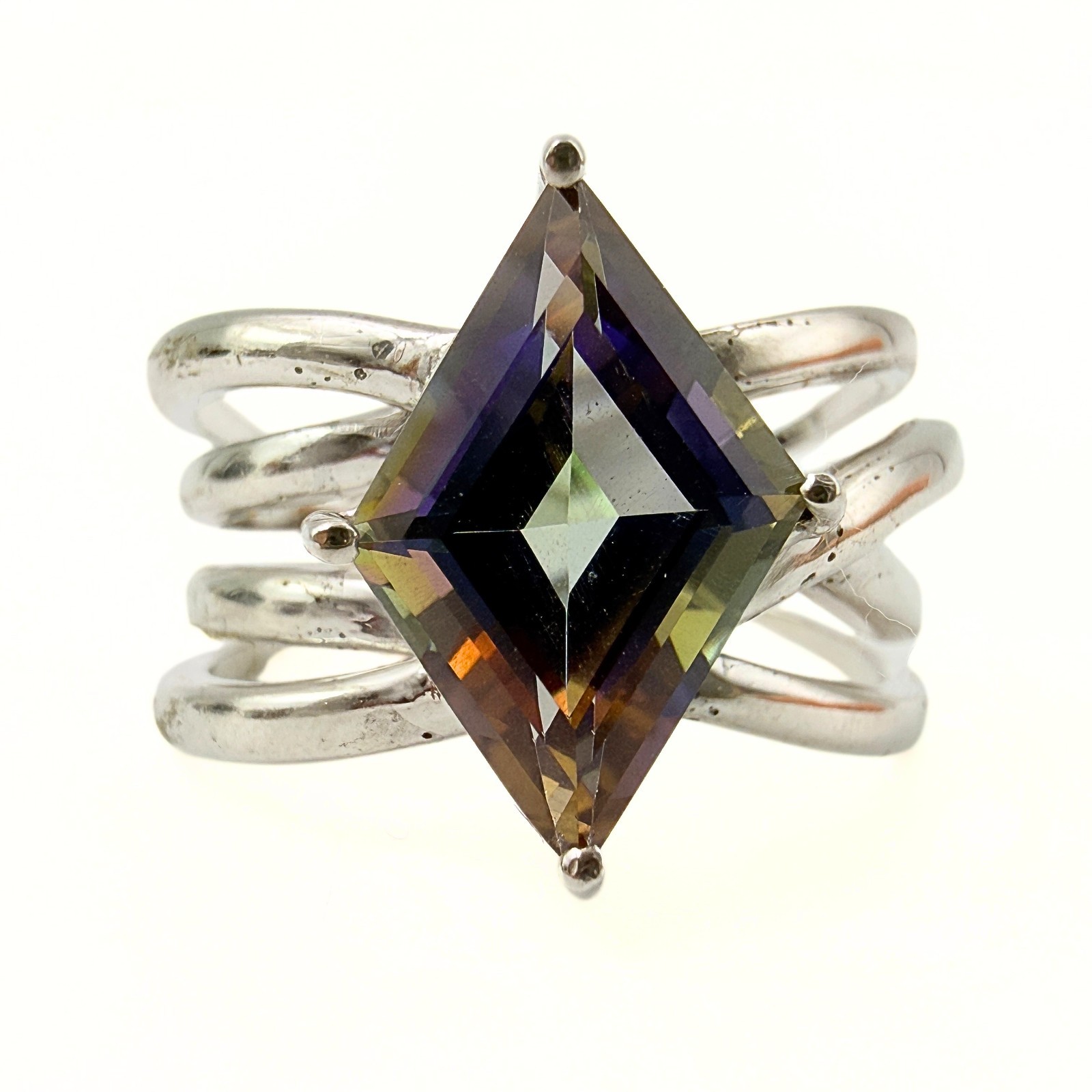 Contemporary Marked Sterling Silver Lozenge Cut Mystic Topaz Ring Sz 10