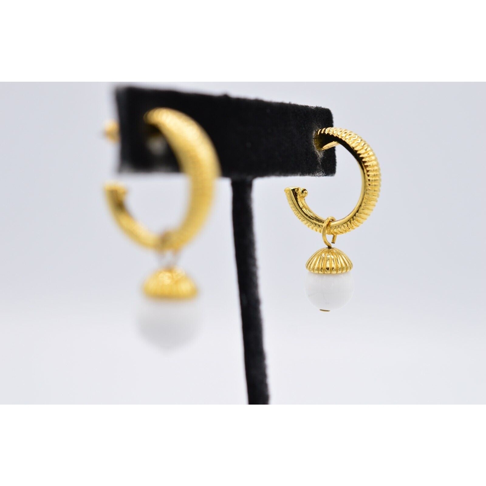 Vintage Hoop Drop Earrings Gold White Bead Pearl Dangle Pierced NOS 1980s BinX
