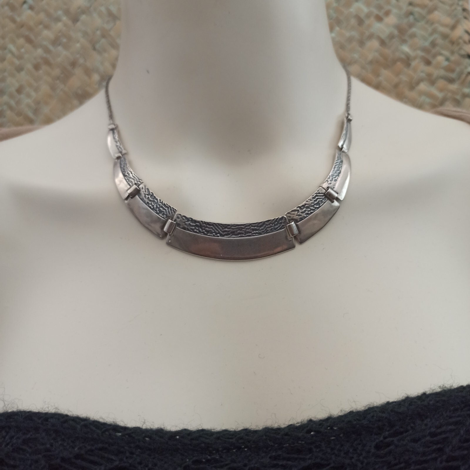 VTG Silver Artisan Necklace Modernist Articulated Links Textured Bib 90s Gift
