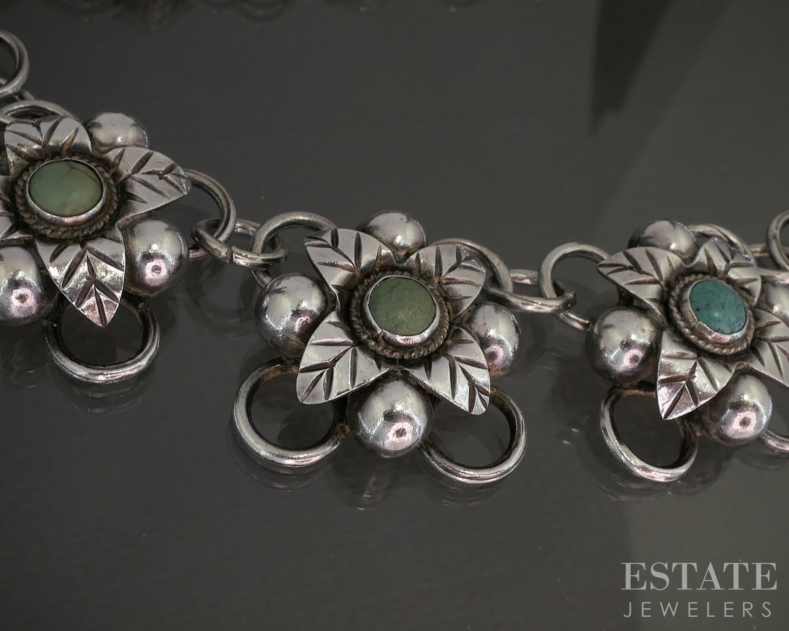 Vintage 980 Silver Natural Turquoise Flower Necklace & Bracelet Set 182g p20426