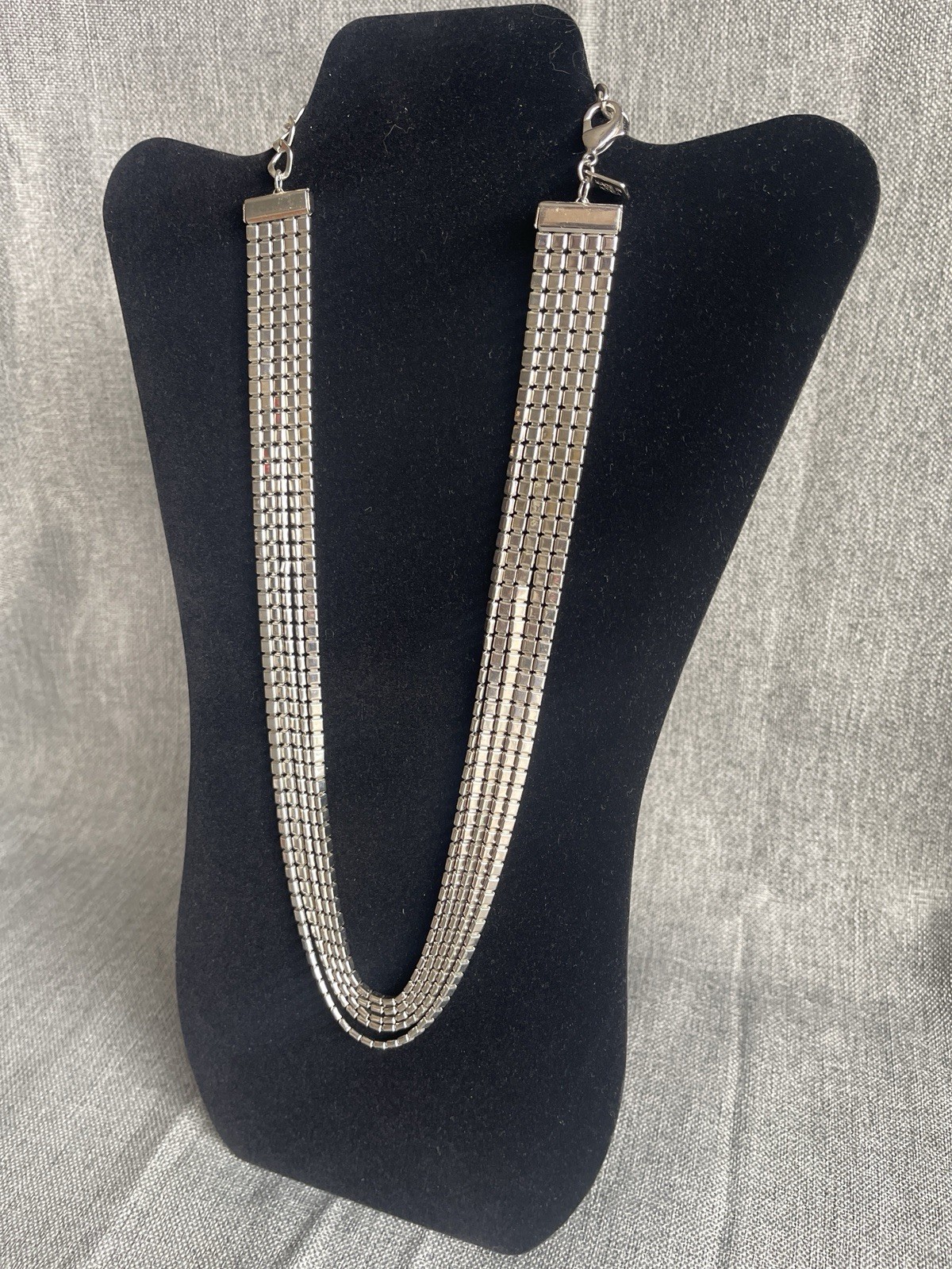 Vintage Silver Tone Metal Drape 5 Strand Necklace MCM Claw Clasp 25” Adjustable