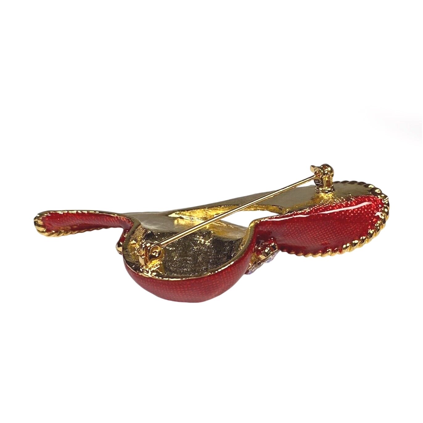 Vintage Red Hat Brooch Aurora Borealis Gold Tone Rhinestone Flower Enameled Pin