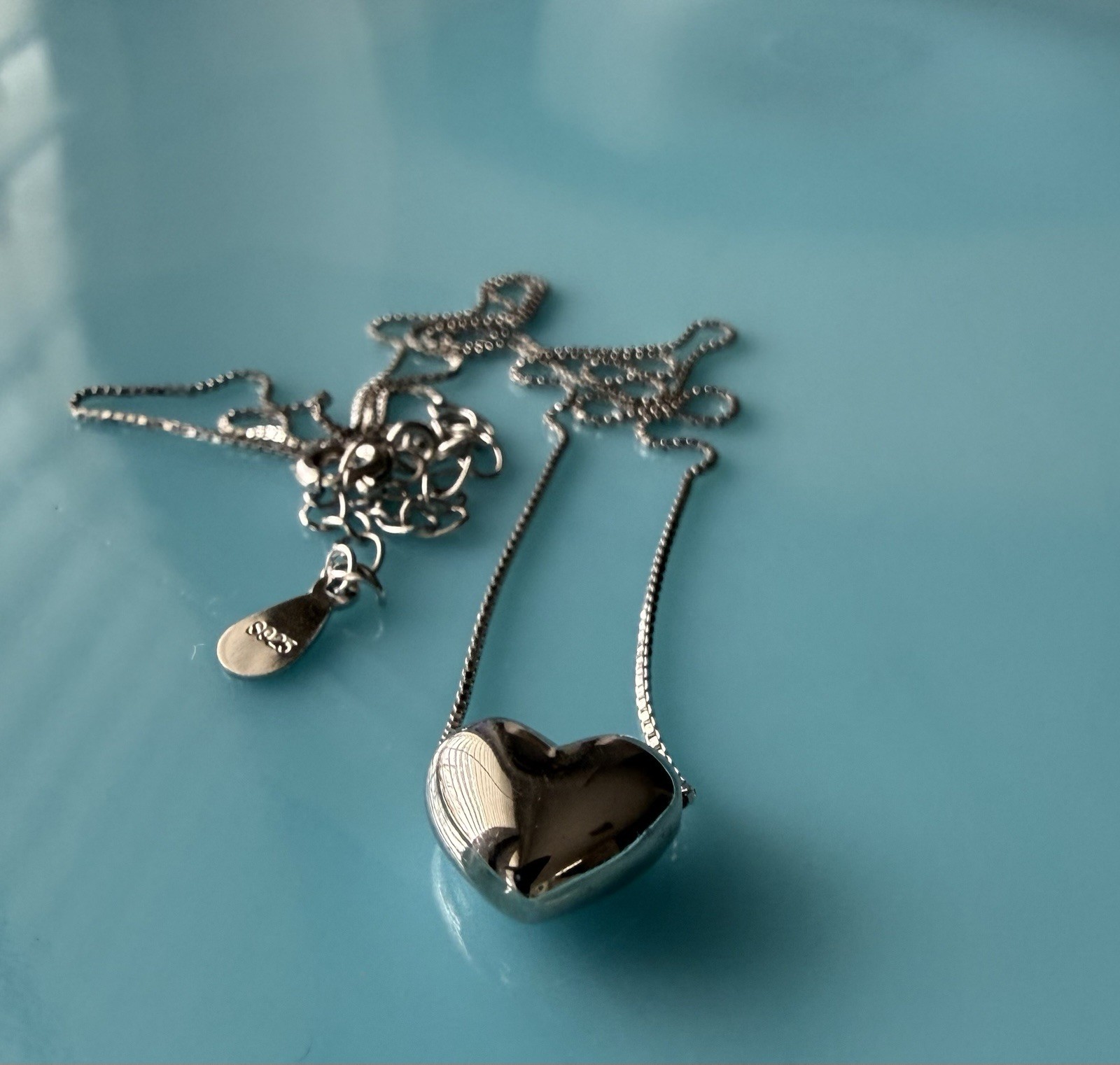 Sterling Silver 925 Puff Heart Slide Pendant Charm Chain 16” Necklace 2.2g