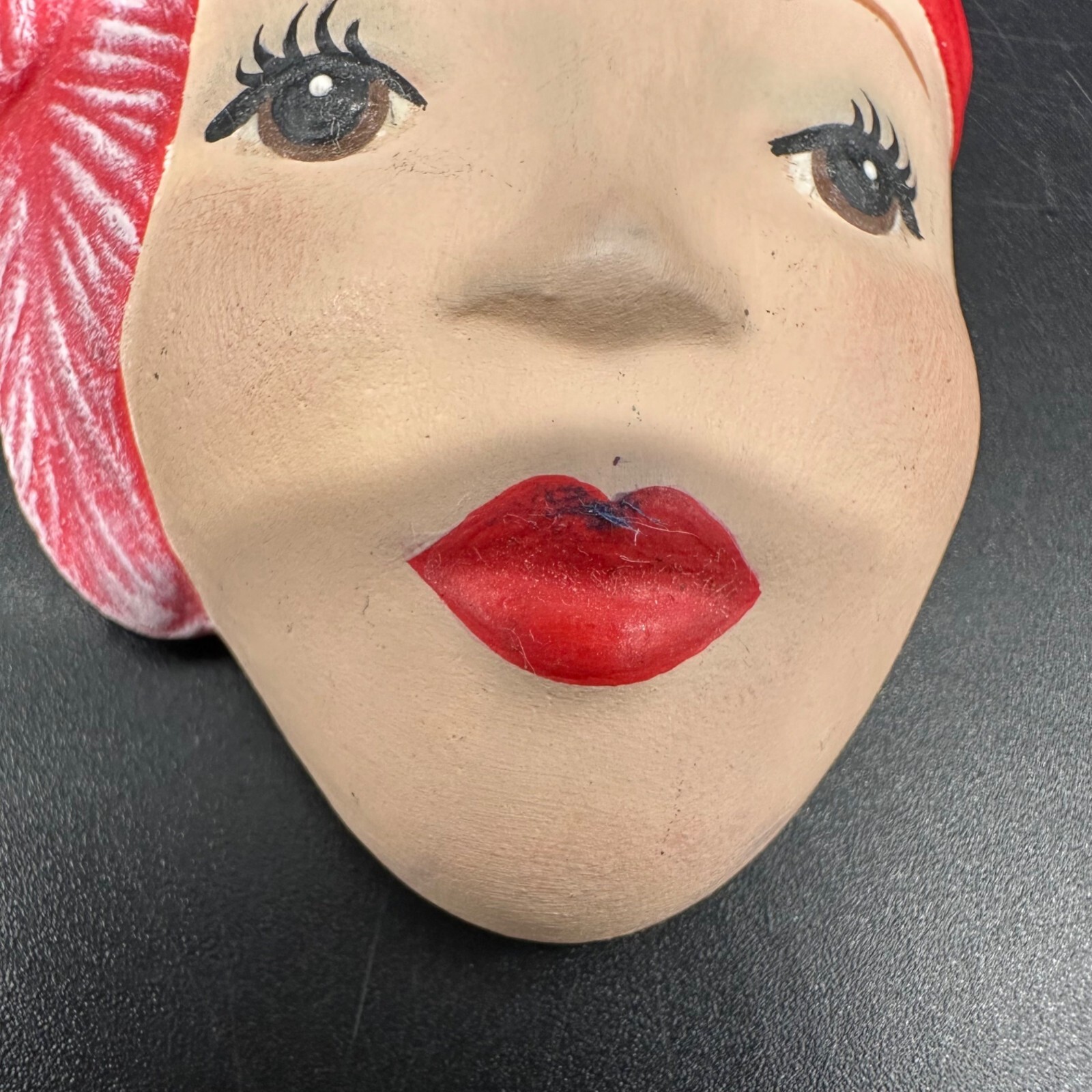 Vintage Brooch Pin Hand Painted Ceramic Womans Face Red Hat Retro Jewelry