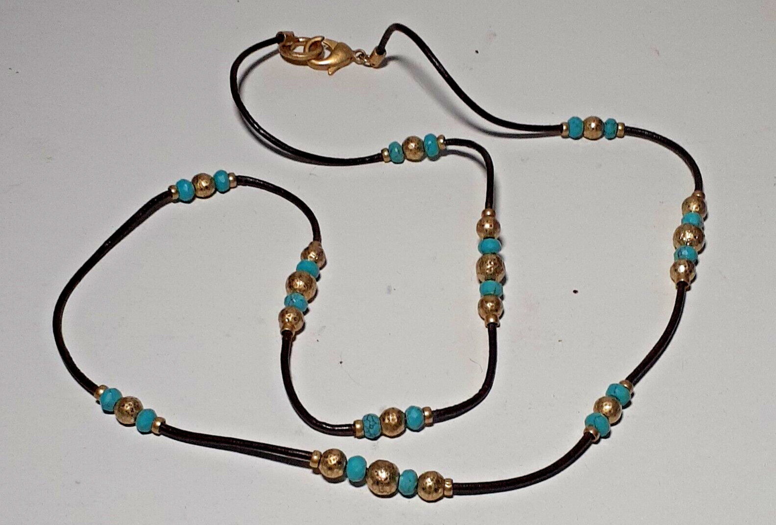 Artisan Leather Cord Necklace Hammered Metal Beads Blue Mixed Materials 32″