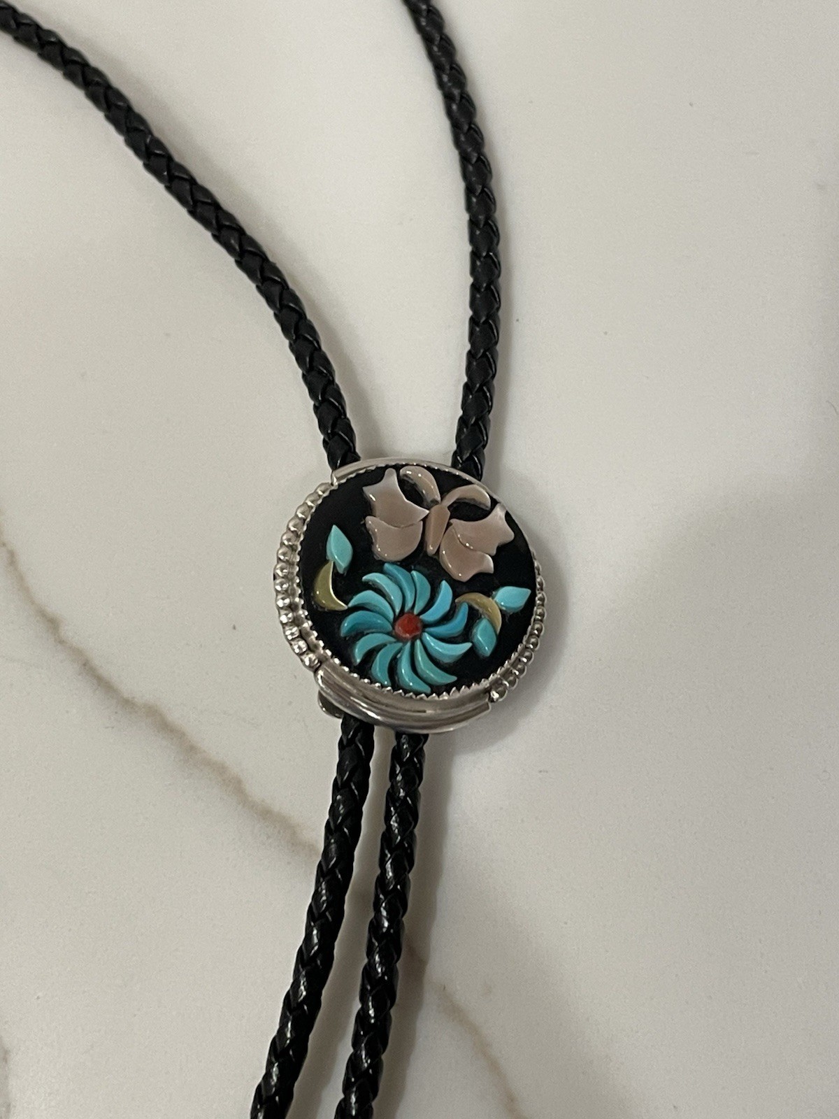 Vintage Zuni Sterling Silver Natural Multi-Stone Floral Inlay Bolo Tie 18”