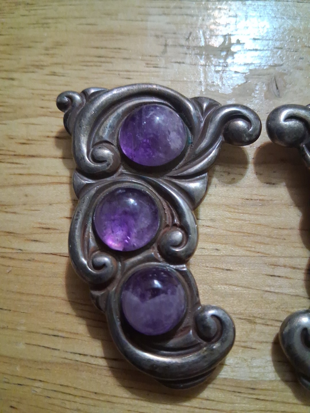Vintage Los Castillo Taxco 925 Sterling Silver & Amethyst Fur Pin ? Heavy 54.7g