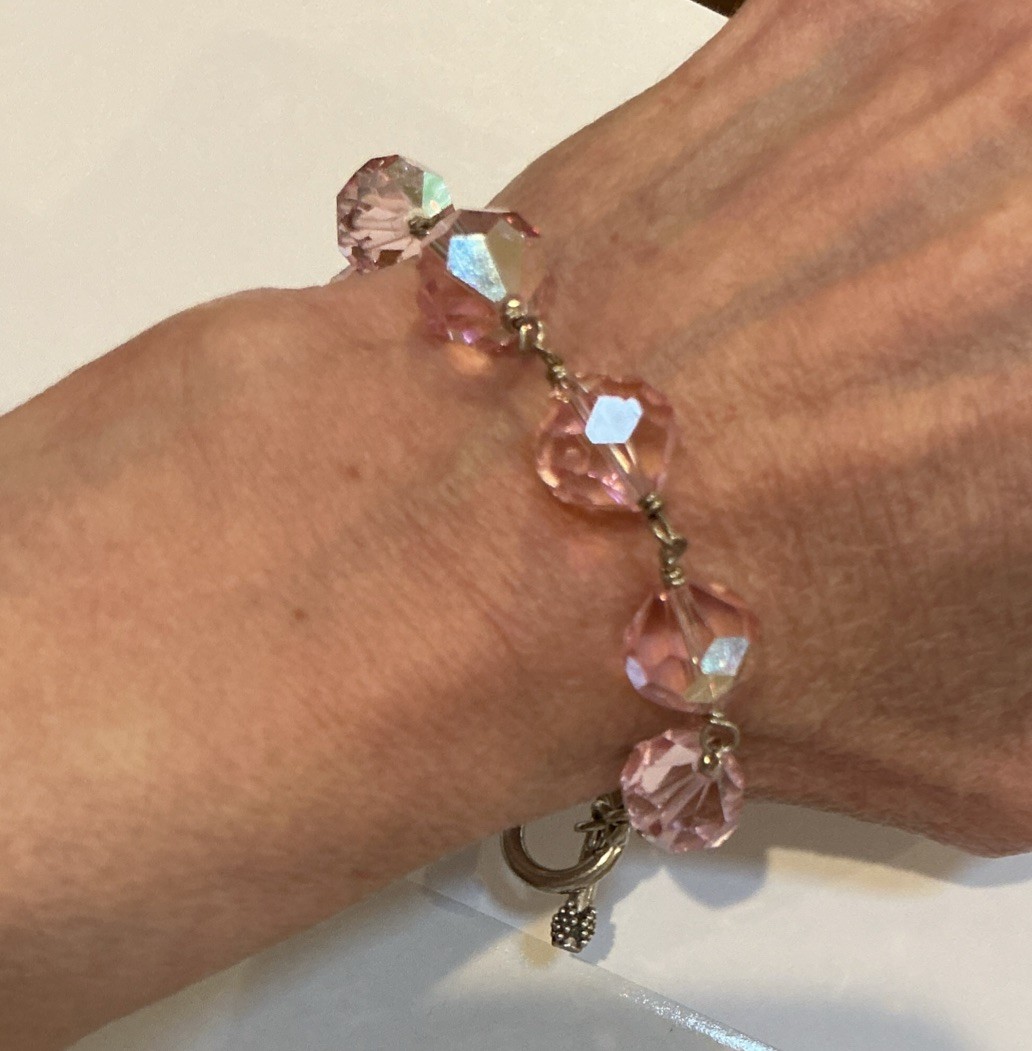 Vintage Pink Crystal Bicone Beaded 8” Bracelet Silver Toggle Clasp Non-Magnetic