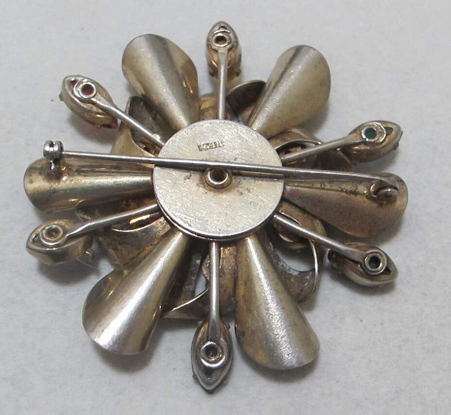 Vtg 2-3/8” Gold-Plated Sterling Layered Brooch Multi Color Rhinestones 30 Grams