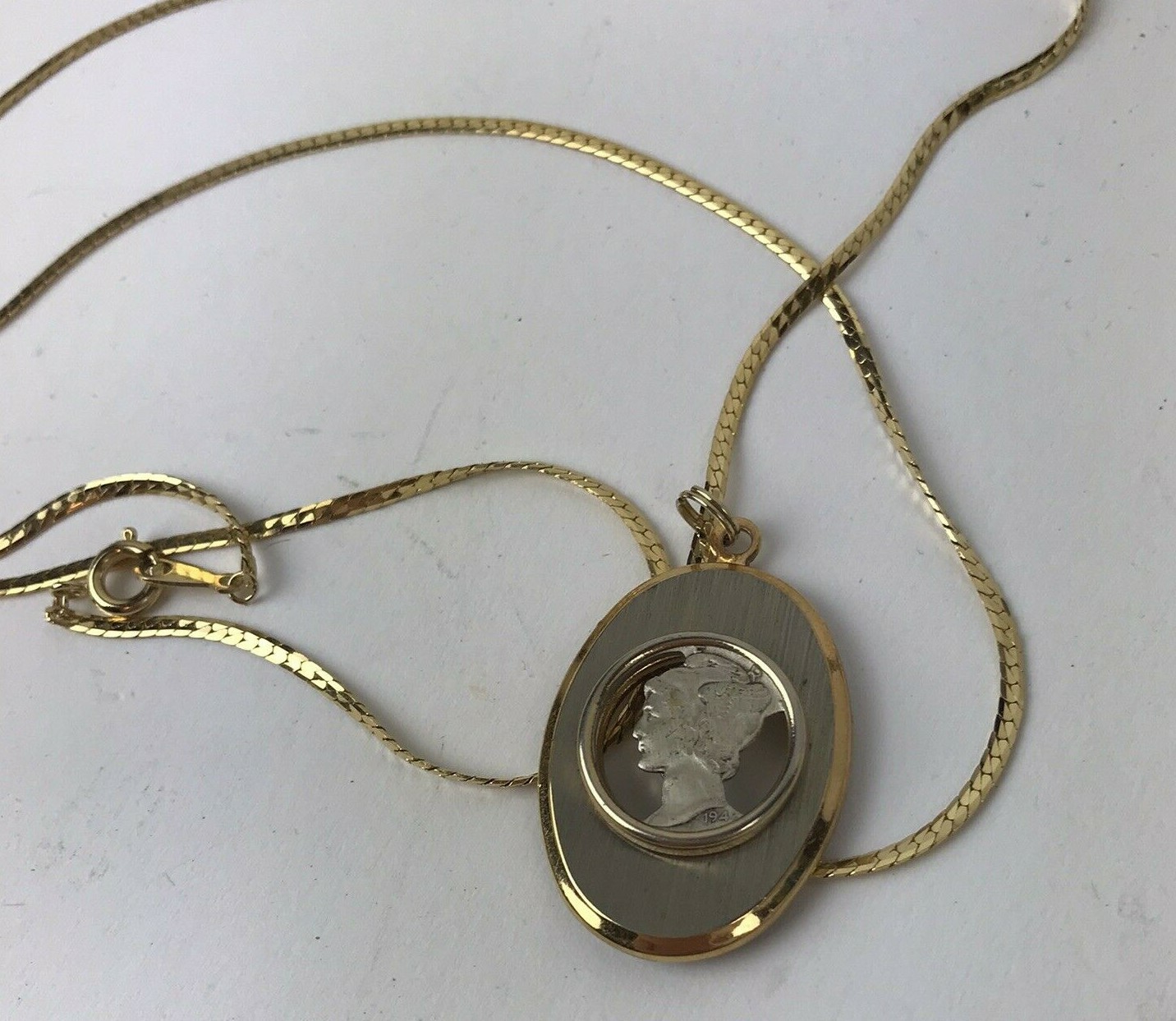 Vintage Necklace Silver 1942 Coin Carved Dime Charm Pendant Cut Out Lady Liberty