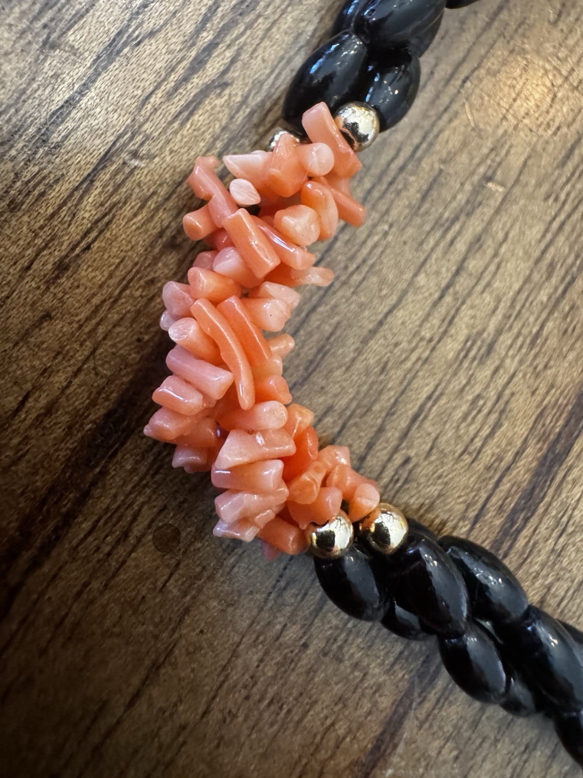 Rare Vintage Genuine Black Coral Yusr & Salmon Pink Coral Chip Torsade Necklace