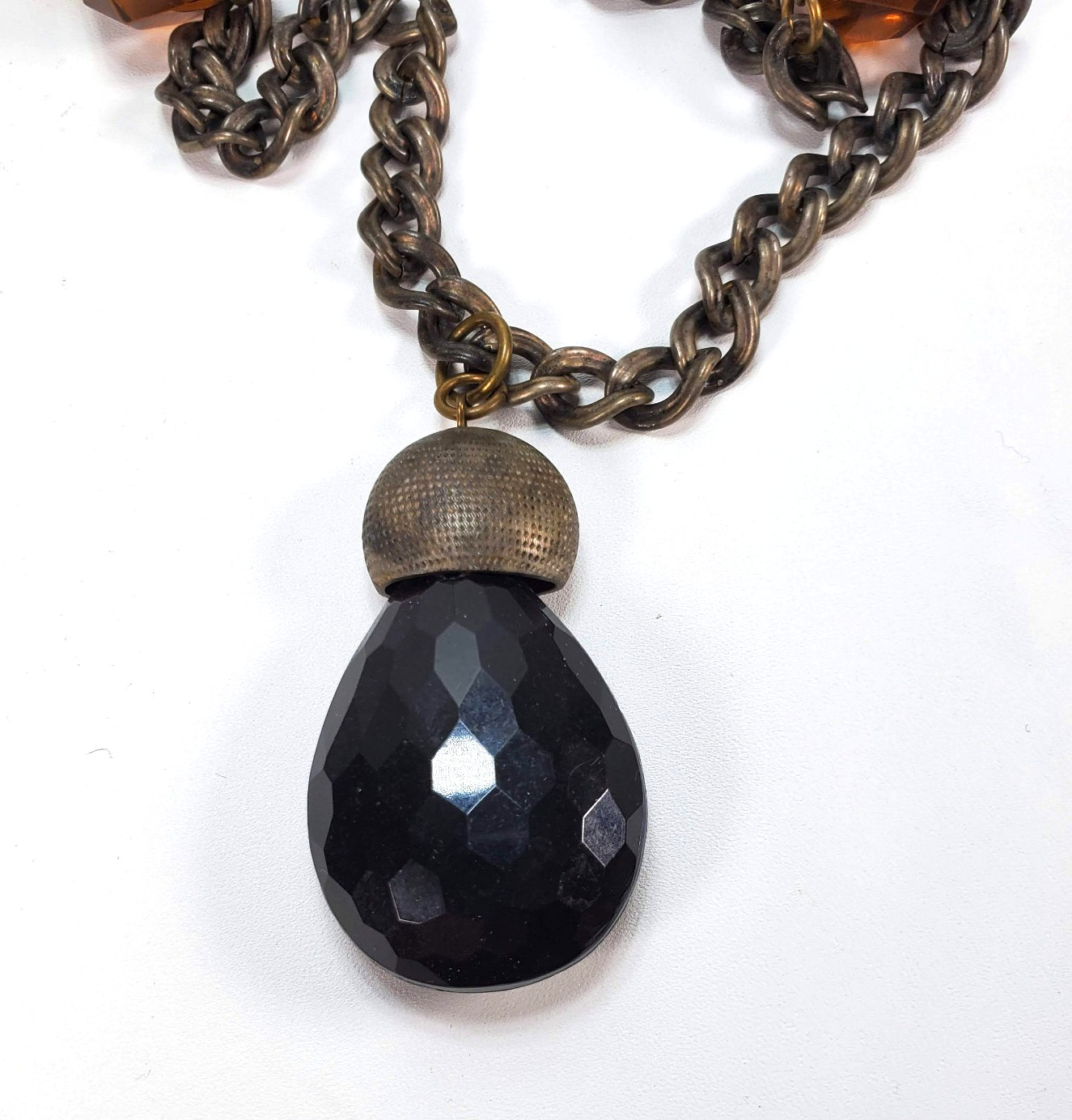 Kate Hines Necklace Metal Chain Beaded Greek Roman Brutalist 24″ Stone Vintage