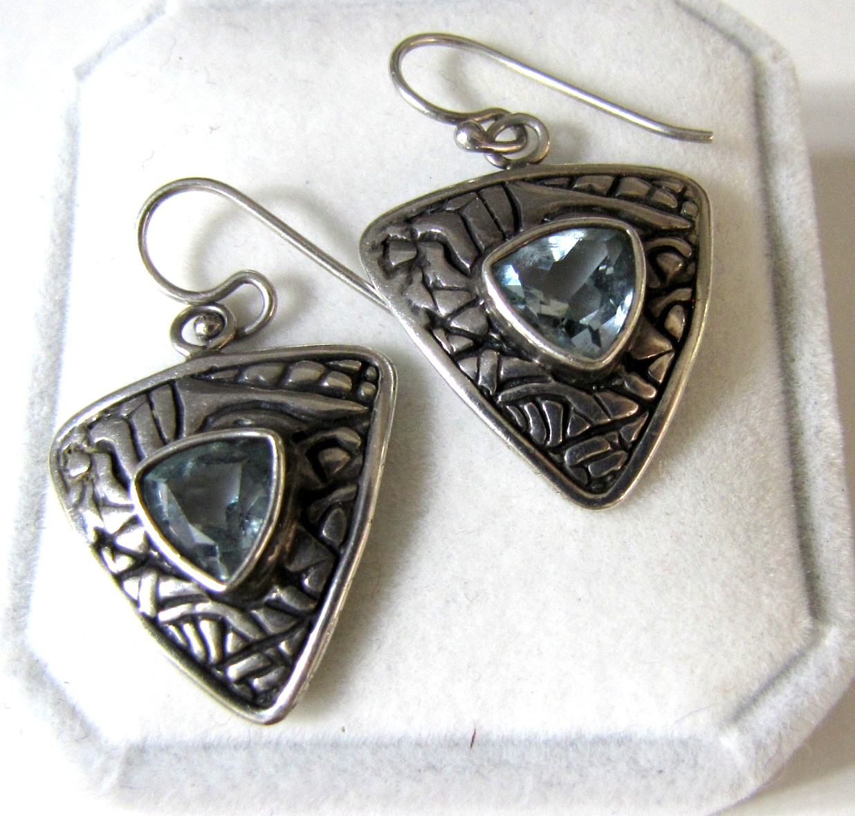 Vintage Sterling Silver Trillion Blue Topaz Tribal Shield Earrings Signed DC 925
