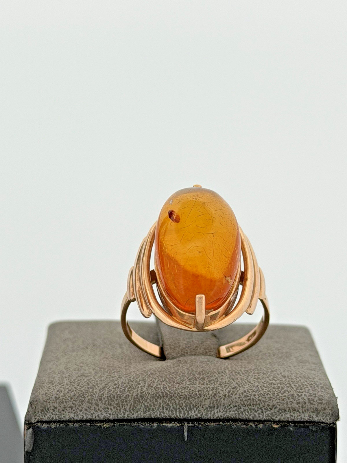 Vintage Russia 14K 585 Rose Pink Gold Honey Amber Earrings And Ring Set
