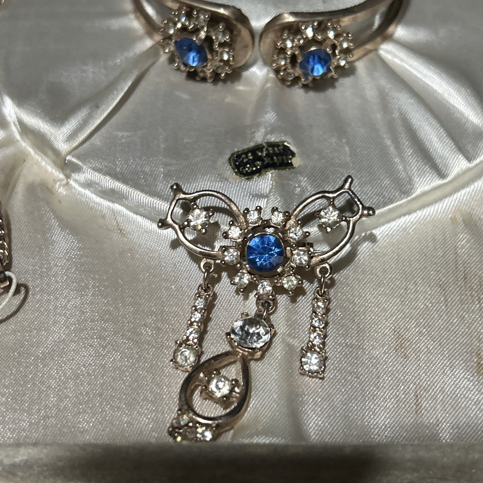 Antique Victorian 24K Gold Plate SET Lavalier Necklace/Pin Bracelet Clamper Box