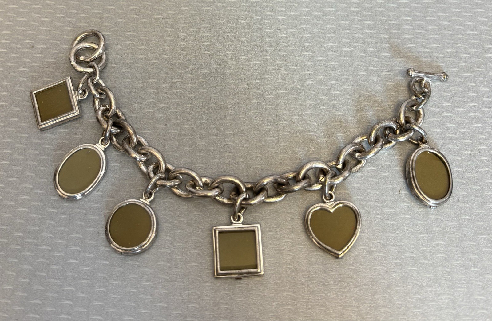Vintage Photo Locket Charm Bracelet Silverplated Toggle 8” Heart Oval Square 6P