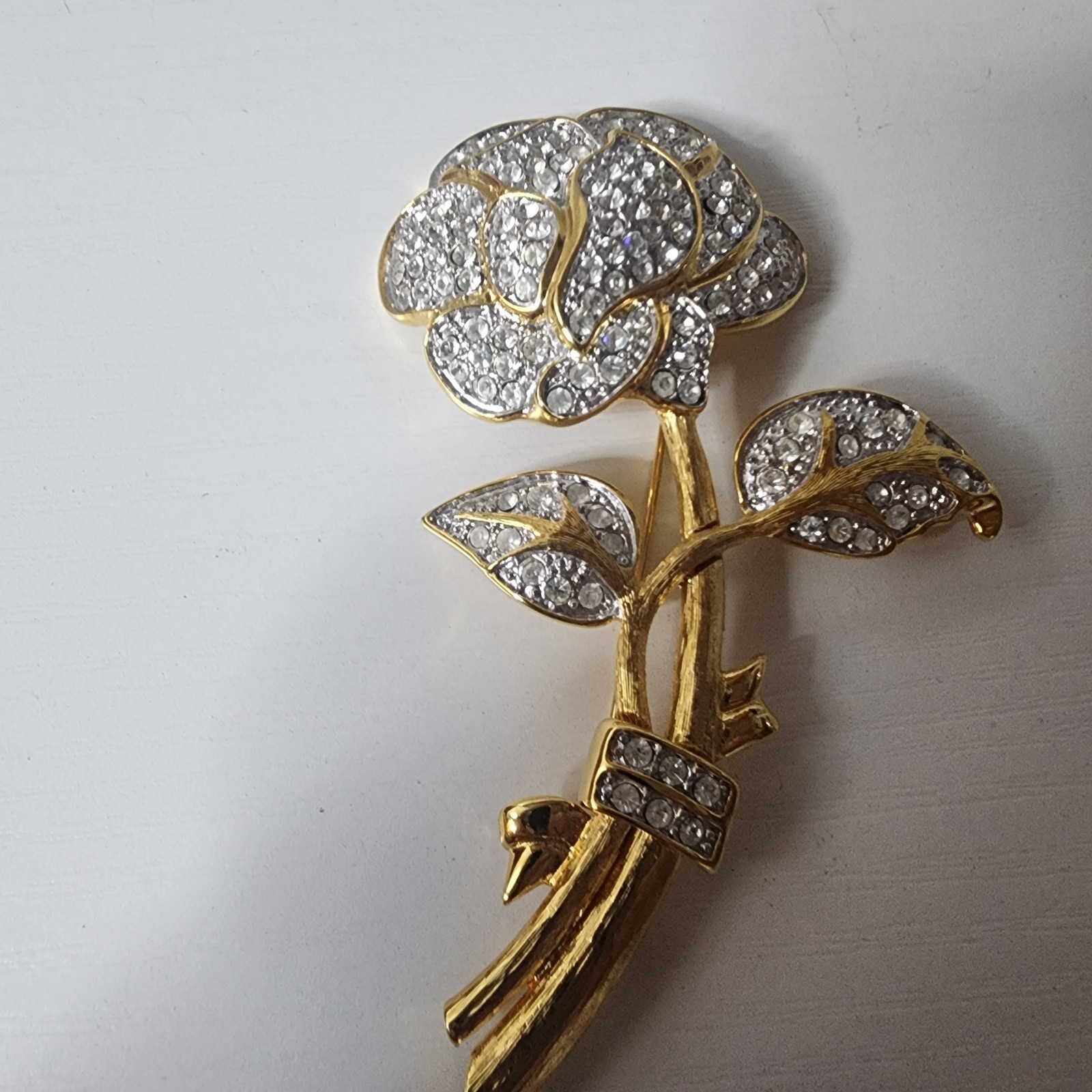 Vintage Nolan Miller Large Brooch Pin Pave Rose Flower Gold Tone & Rhinestones