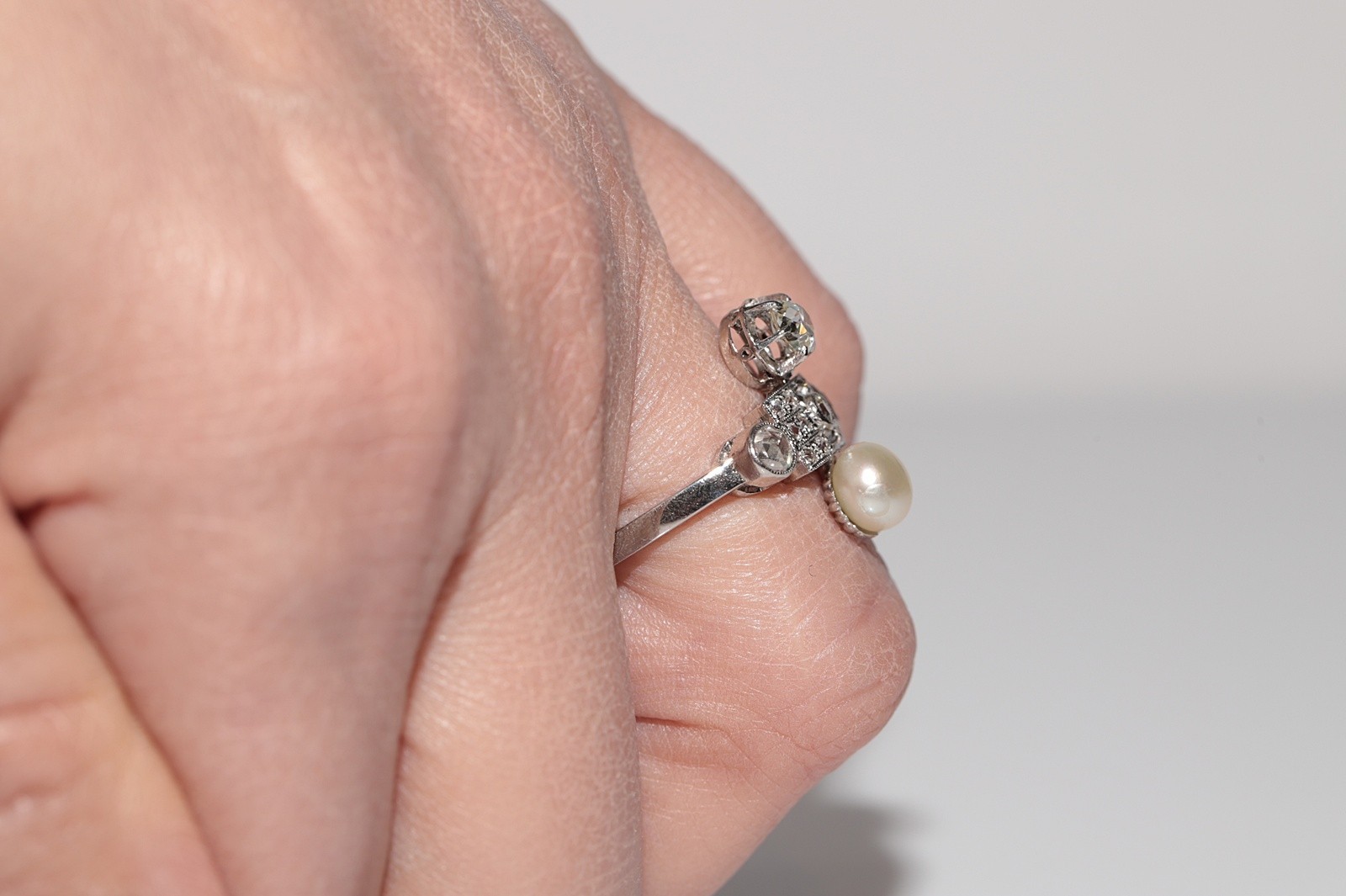 Antique Circa 1920s Platinum Art Deco Natural Diamond And Pearl Decorated Ring