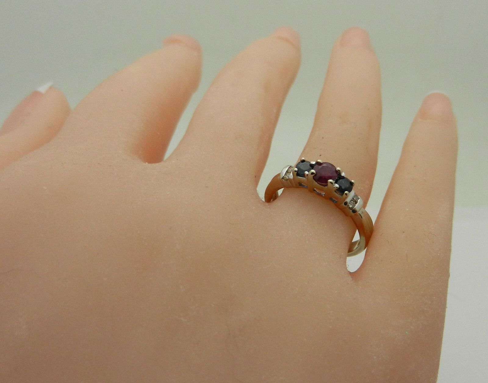 3-Stone Ruby, Sapphire Ring Band with Diamond Accents, Solid 14k Gold, size 6.25