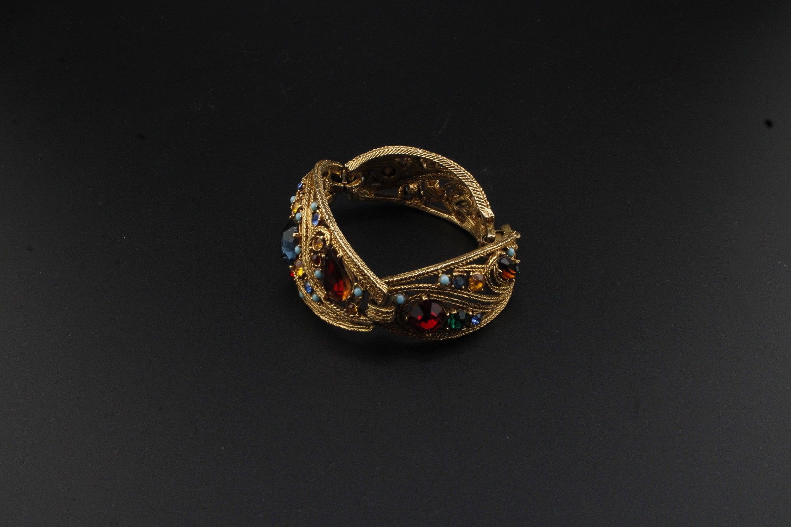Vintage La Roco Midcentury Goldtone Tri Panel Bracelet Multitone Rhinestones