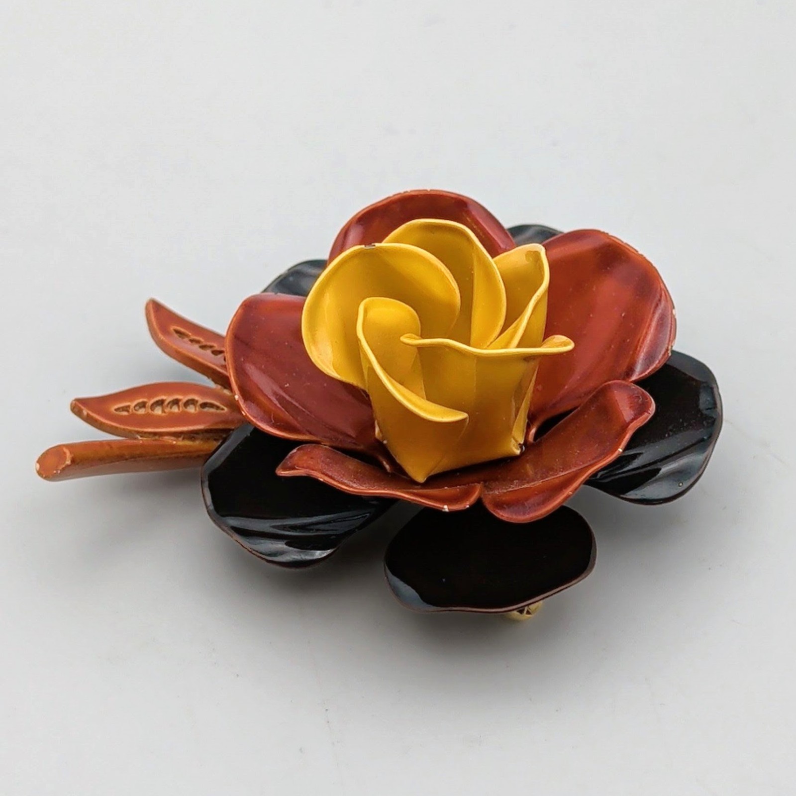 Vtg Yellow Rust Brown Enamel Flower Brooch Mod Pop Art 3D Floral Pin 1960s MCM