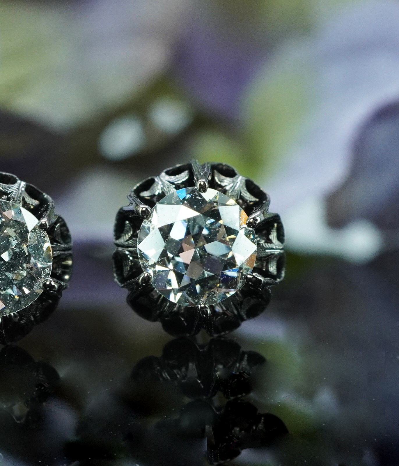 Antique Old European cut Diamond Stud Solitaire Earrings 14K Gold 1.1ct