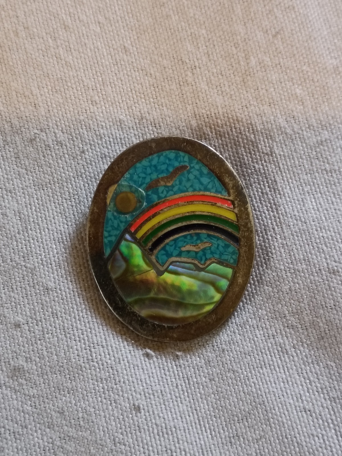 Vintage Abalone, Turquoise Chip Inlay, and Enamel Rainbow Pendant.
