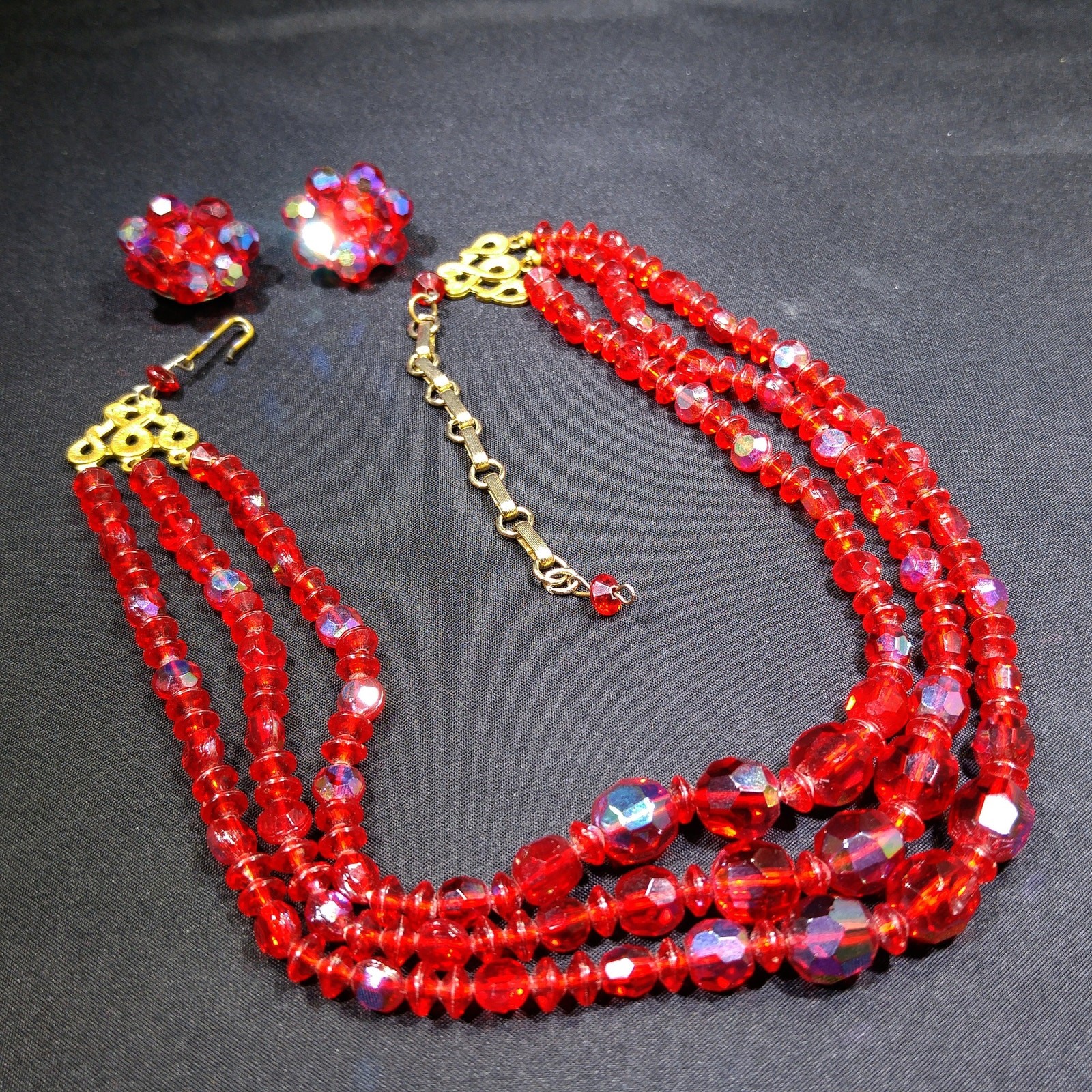Vintage Czech Red Glass AB 3 Strand Necklace Earrings Set 1950s