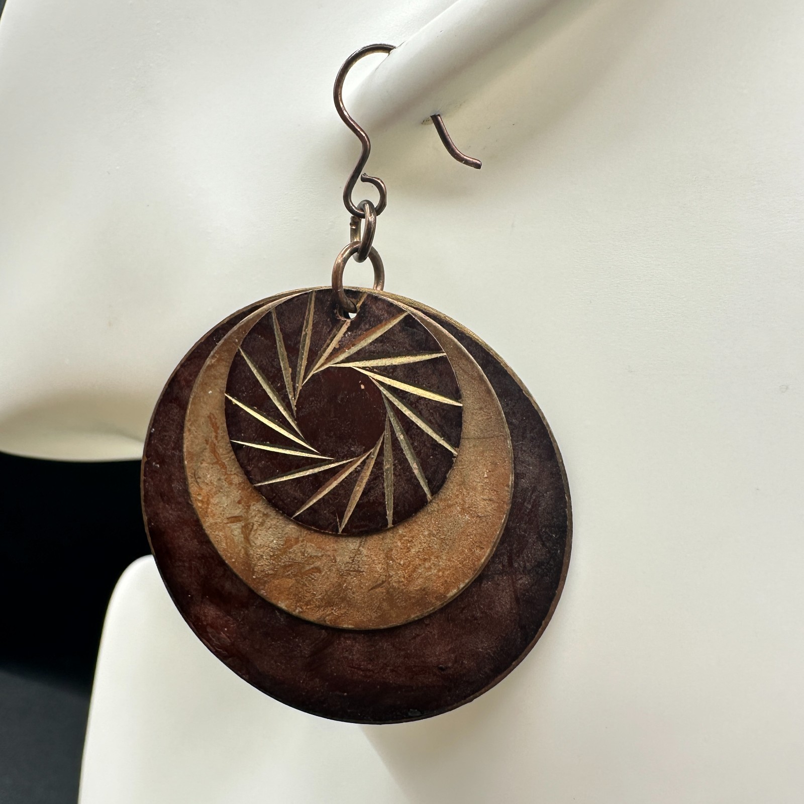 Vintage Brown Copper Layered Eyes shape Disks Dangle Earrings with 3 Disks 2 in