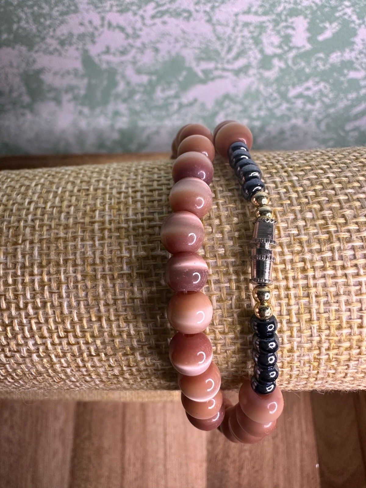 Vintage Pink Tigerseye Stone Beaded Necklace With Gold Tone