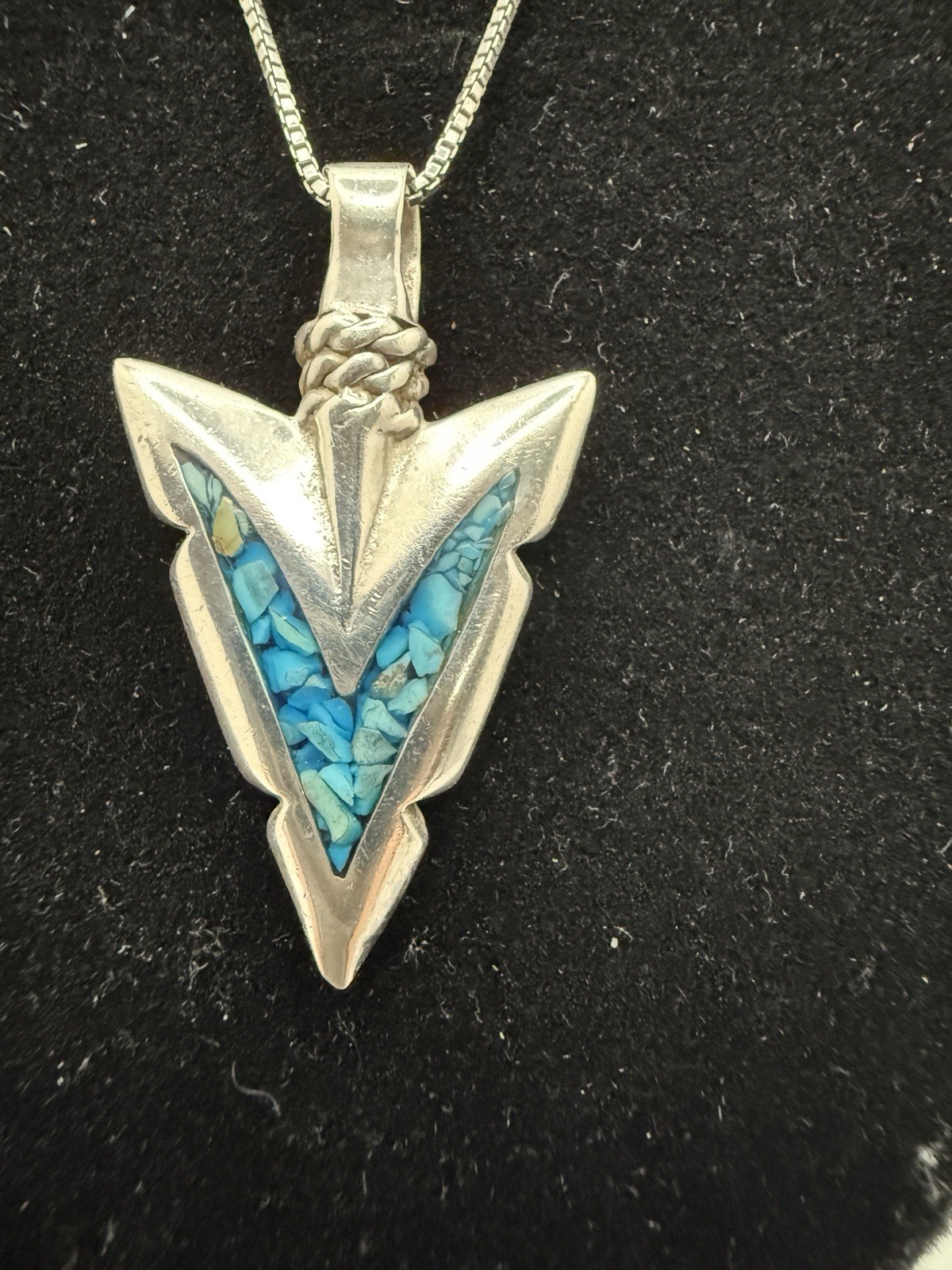 Vintage Navajo Sterling Silver Turquoise Chip Inlay Arrow Head Necklace