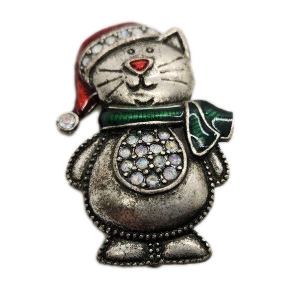 Christmas Cat Brooch Signed TC Vintage Pewter Finish Enamel Crystal Kitty Pin