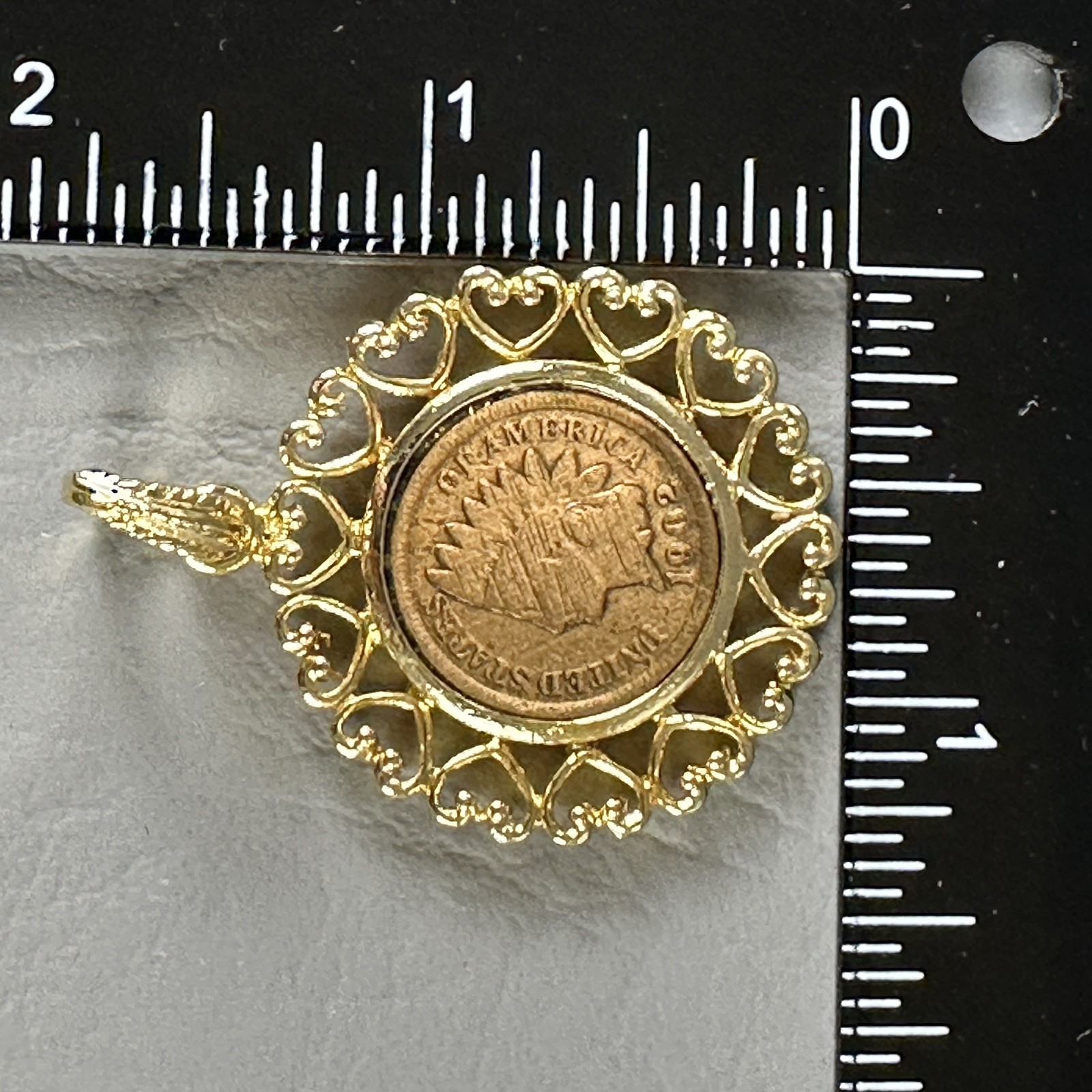 Vintage Indian Head Penny Pendant Coin Heart Filigree Gold Tone Charm 1902