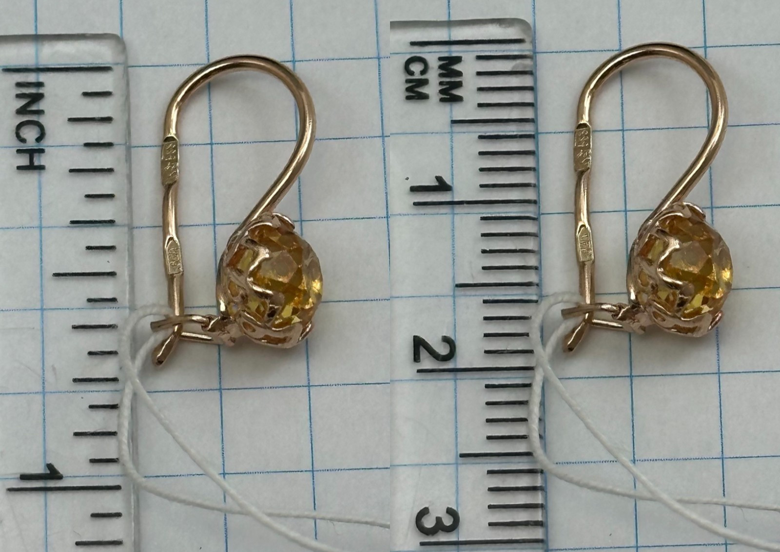 USSR Vintage Original Rose Gold Citrine (lab. made) Earrings 583 14K 2.16 g.