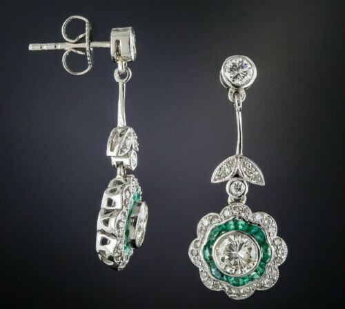 2.85Ct Art Deco Style Diamond & Emerald Drop Dangle 14k White Gold FN Earrings