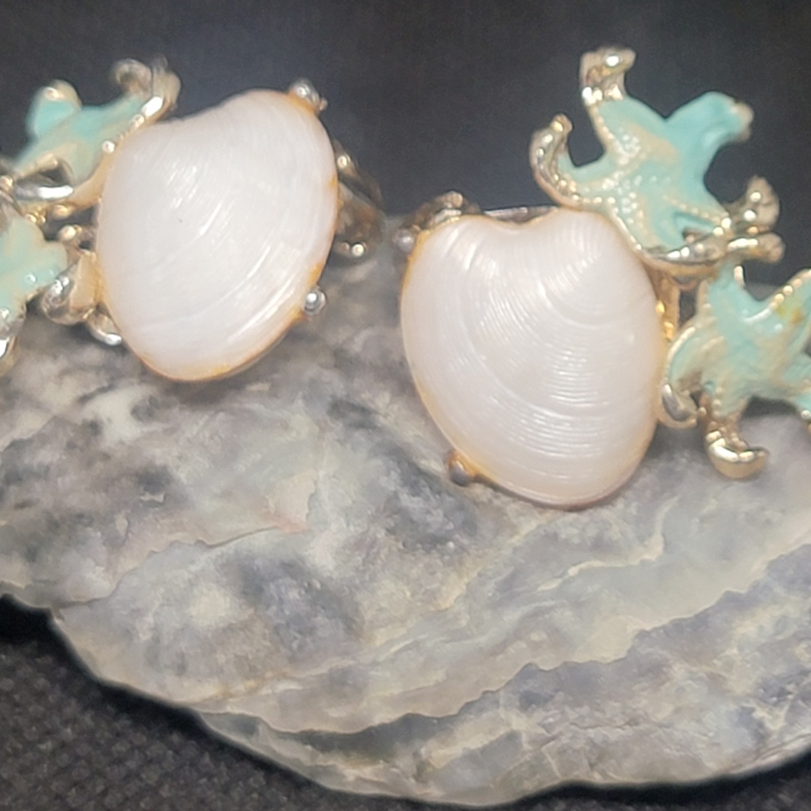 Vintage Bracelet Clip On Earrings Acrylic Shell Enameled Starfish Beach READ