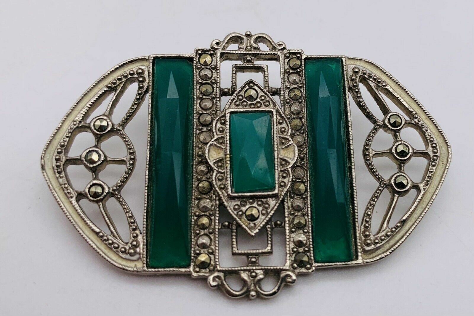 Vintage Silver Jade Brooch with Rhinestones Art Deco 2″ x 1.5″ Ornate Intricate