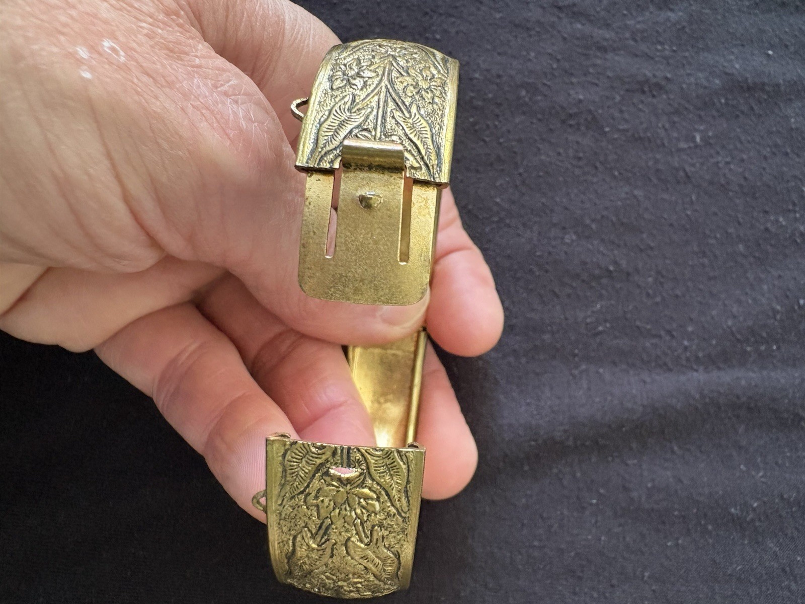 Vintage Lot of 2 Gold Floral Engraved Hinged (1) Brass Bangle Bracelets