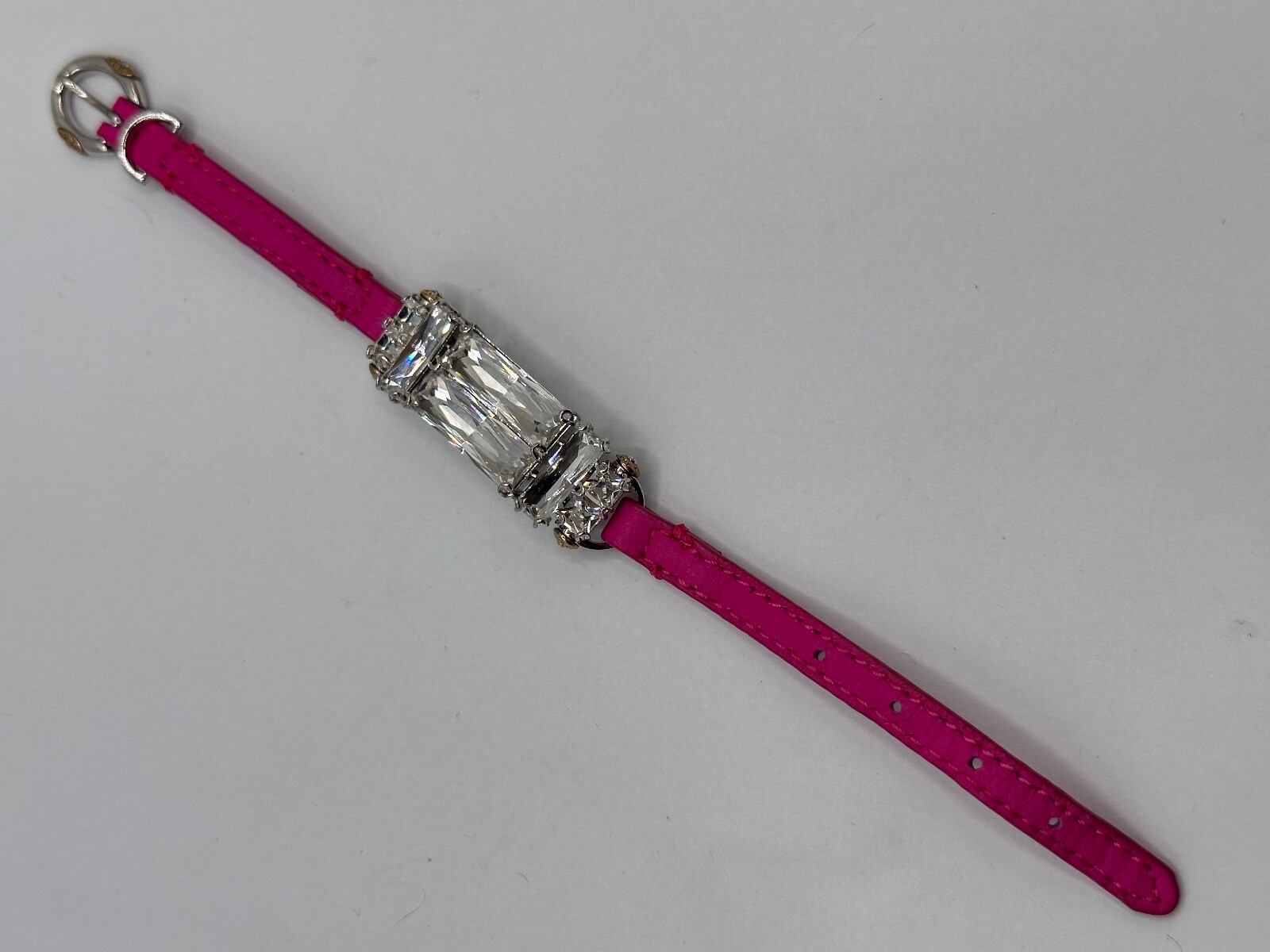 GOLD SILVER PLATED CRYSTAL FUCHSIA PINK SKIN HENRI BENDEL SIGNED BUCKLE BRACELET