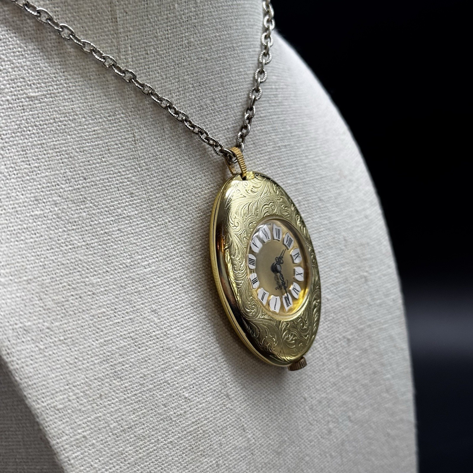 Vintage Endura Oval Pendant Watch Necklace Gold-Tone Engraved Roman Numerals