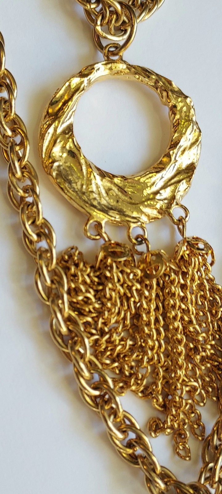 Vintage Multi Strand Festoon Tassel Necklace Circle Pendant Gold Tone Statement
