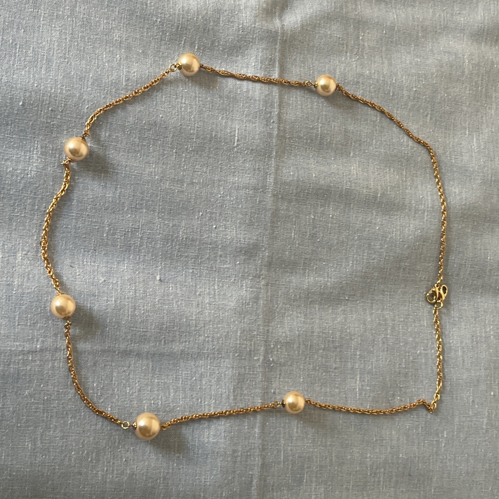 Vintage Gold Tone with Faux Pearls Station Necklace Signed KJL 80s