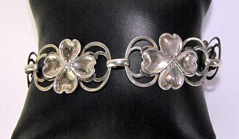 Vintage Dogwood Tree Flower Bracelet Sterling Silver Panels Small 5.5″Chain NYE?