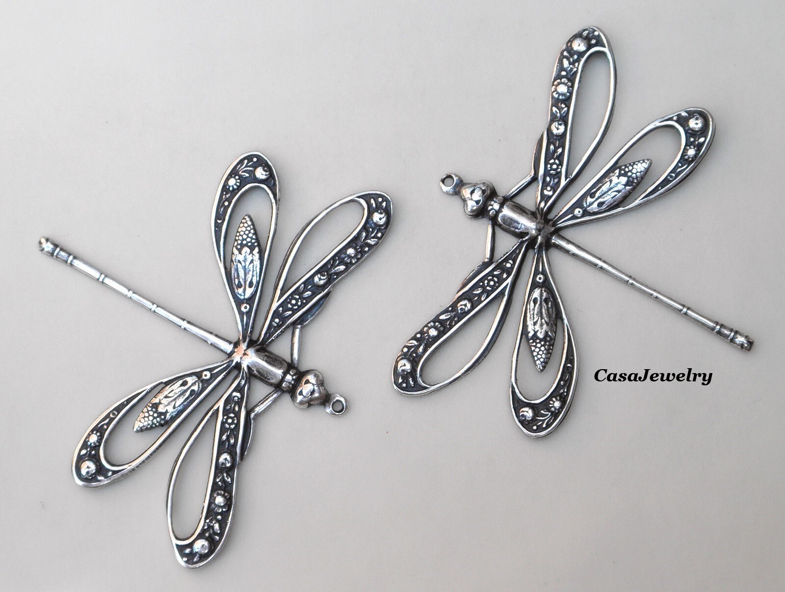 #3323 LARGE ANTIQUED STERLING SILVER PLATED OPEN WING DRAGONFLY W/RING – 2 Pcs