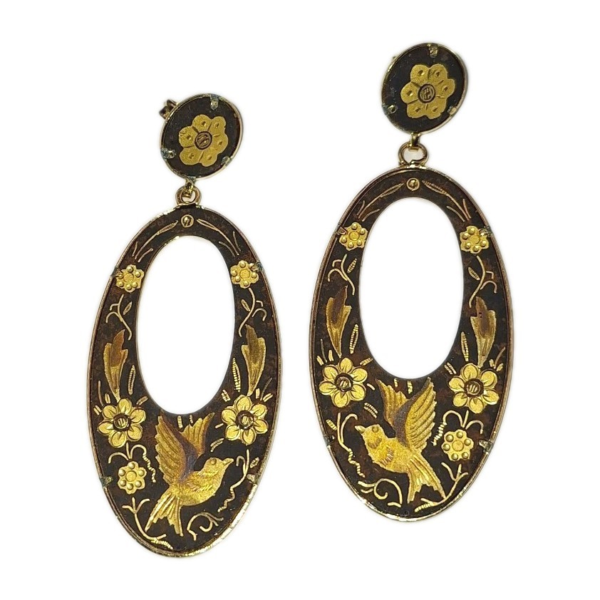 Damascene Goldtone Drop Pierced Oval Hoop Earrings Birds Floral Gold Black 2.5″