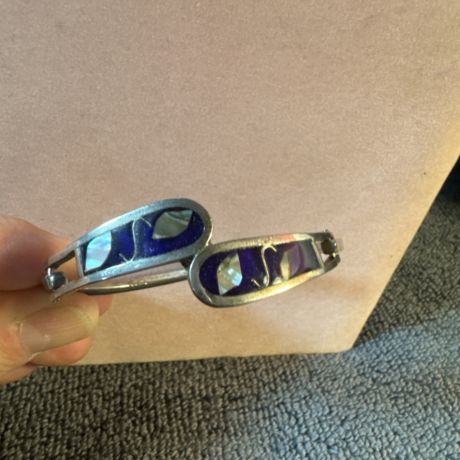 Whiting and Davis Silver Tone Textural Abalone Shell Hinged Bracelet