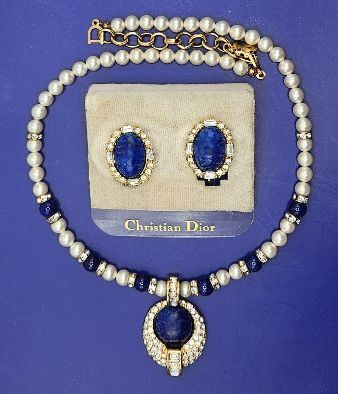 CHRISTIAN DIOR RARE VINTAGE 1980s Necklace Earrings Gold Lapis Blue White EUC!!!