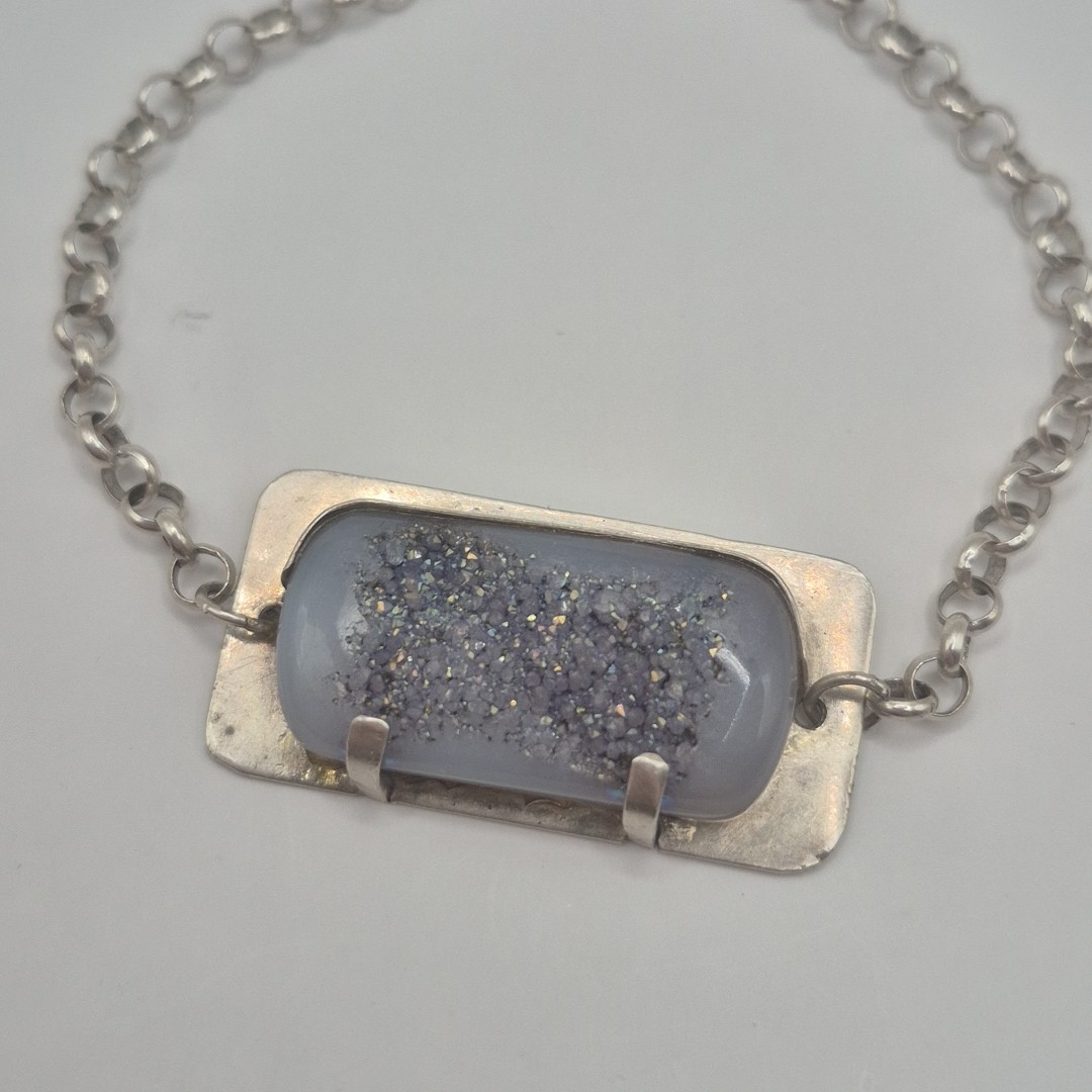 Vintage Sterling Silver 925 Titanium Druzy Quartz Geode ID Bracelet 7″
