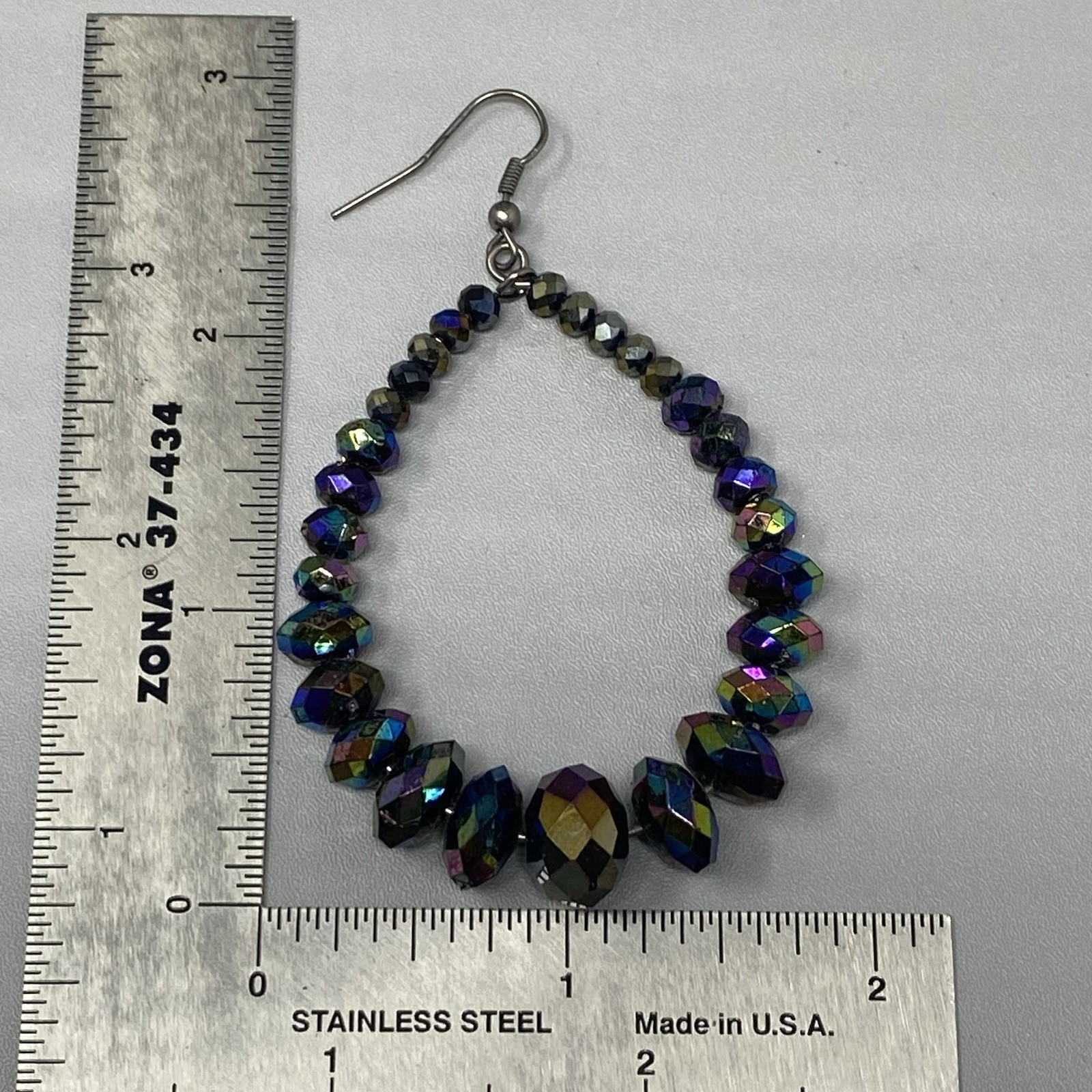 Aurora Borealis Pierced Earrings Dangle Drop Hoop Iridescent Glass Beads 3″