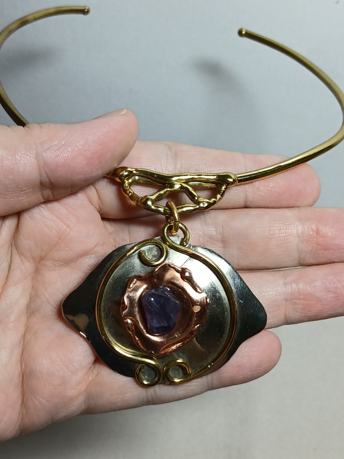 Vintage Art Nouveau Style Amethyst Gold Silver Tone Necklace Choker
